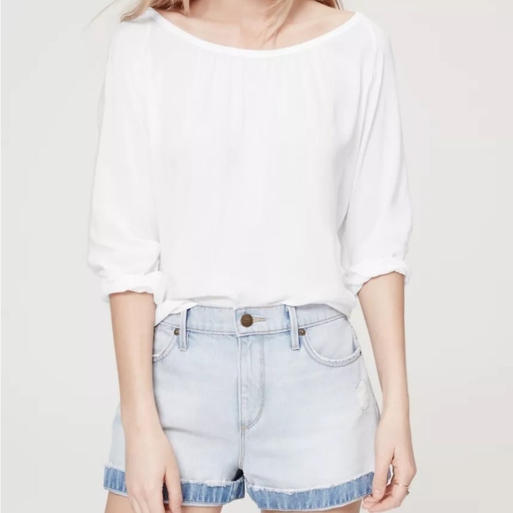 Loft Shirred Blouse White 3/4 Sleeve